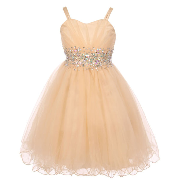Big Girls Champagne Stone Encrusted Pleated Tulle Junior Bridesmaid Dress 8-16 - SophiasStyle.com